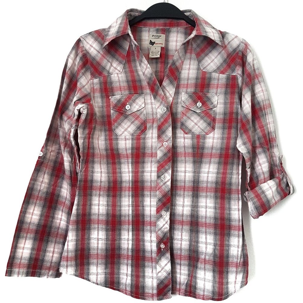 Prototype Red/Gray/White Plaid Collar Top - Size S